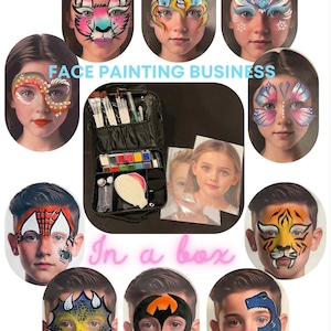 Op de afbeelding: Afbeelding van kinderen met schminkontwerpen, waaronder een tijger, spin en eenhoorn. Een zwarte koffer met schminkbenodigdheden staat in het midden, met de tekst "Face Painting Business" en "In a box" in de afbeelding.