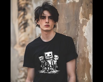Black Minecraft-inspired horror T-shirt for kids, women, and men
