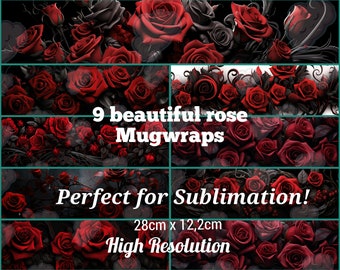 9 mugwrap Sublimation bundle, Roses Red and black, Gothic Style, digital download