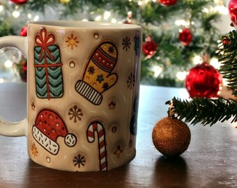 Inflated cup, Christmas cup in puffy look, inflated style, with Christmas motifs with candy canes and Christmas tree, 3D cup