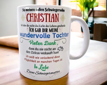 Tasse für Schwiegersohn, Schwiegertochter - personalisierte Tasse 330ml mit witzigem Spruch