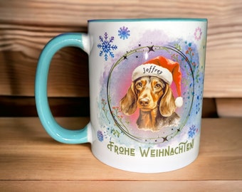 Colorful dachshund mug, Christmas mug with dachshund motif - personalizable, dog breed, Christmas mug with dog motif
