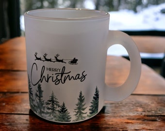 Mulled wine mug 'Merry Christmas' with winter forest motif and Santa Claus with reindeer, stained glass mug, glass mug with frost effect