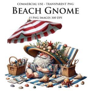 Beach Gnome PNG Bundle, Watercolor Gnomes Clipart, 15 PNG High-Quality PNGs, Summer Gnome PNG, Summer Gnome Clipart, Commercial Use