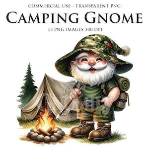 Gnomo de camping PNG / 15 PNG de alta calidad / Descarga digital / Gnomo de senderismo / Clipart de gnomo viajero / Gnomo de campista de verano / Uso comercial