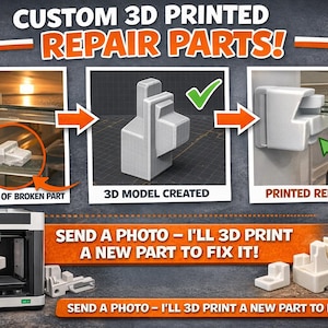 May include: An advertisement for custom 3D printed repair parts. The process is shown in three steps: send a photo of the broken part, a 3D model is created, and a printed repair part is made. The text reads: "SEND A PHOTO - I'LL 3D PRINT A NEW PART TO FIX IT!"