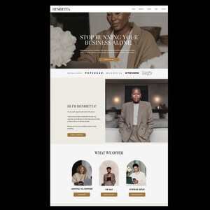 May include: A website landing page for Henrietta featuring a hero section with the text Stop Running Your Business Alone, a professional biography section, and a What We Offer section with three arched image cards for services.
