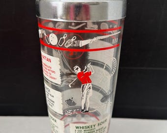 Vintage Hazel Atlas Sport Theme Recipe Cocktail Shaker w/Lid Pour Spout Cap EUC