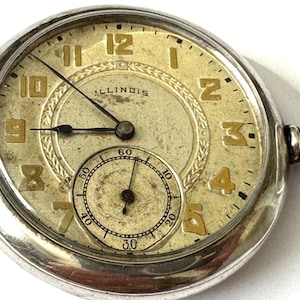 Illinois Burlington Sterling Open Case Pocket Watch 21J Dbl Roller 56mm 1920