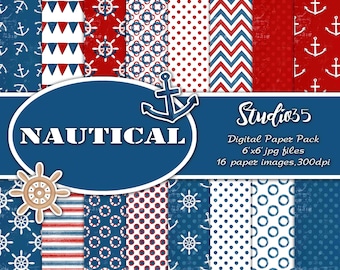 Navy Blue Wathercolor Nautical digital paper 6x6in Blue and Red navy Hand Painted Paper
