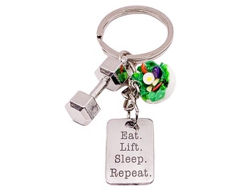 Salad Keychain, Fitness Gift, Eat Lift Sleep Repeat, Healthy Living Gift, Dumbbell Charm, Exercise Motivation Gift, Personal Trainer Gift