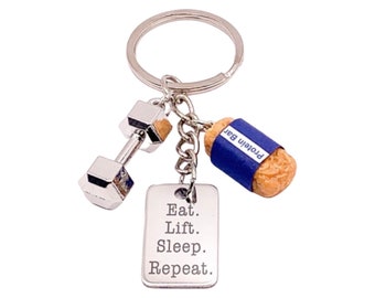 Weightlifting Keychain, Mini Protein Bar, Rat Lift Sleep Repeat, Fitness Gift, Dumbbell Charm, Workout Motivation Gift, Personal Trainer