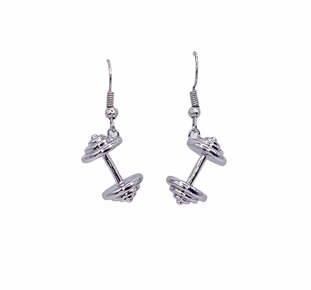 Dumbbell Earrings, Dainty Fitness Earrings, Tiny Silver Dumbbell Charm