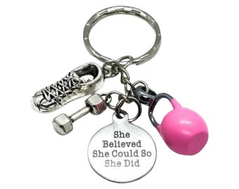 Fitness Keychain, She Believed She Could, Kettlebell Charm, Exercise Motivation Gifts, Running Shoe Charm, Coach, Personal Trainer Gift