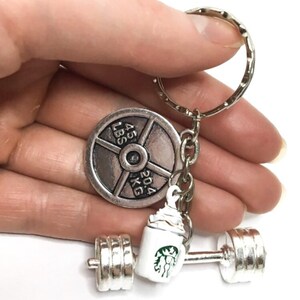 Coffee Charm, Barbell, Fitness Keychain, Coffee, Fitness Charms, Weight Plate, Dumbbell, Workout, Gym Jewelry, Weightlifting, Bodybuilding, image 3