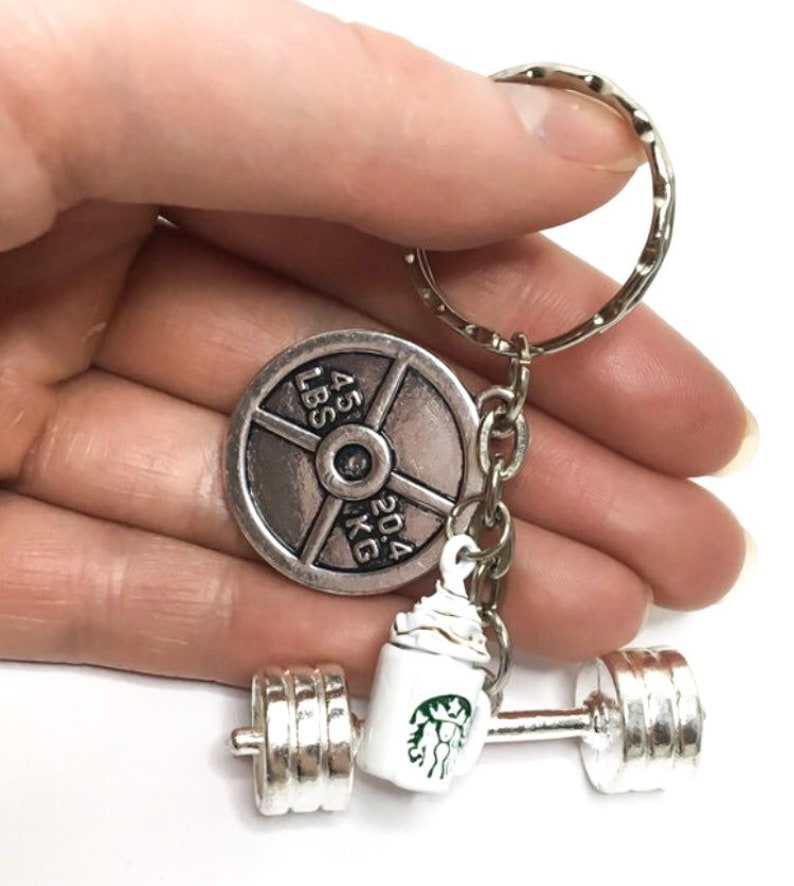 Coffee Charm, Barbell, Fitness Keychain, Coffee, Fitness Charms, Weight Plate, Dumbbell, Workout, Gym Jewelry, Weightlifting, Bodybuilding, image 3