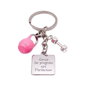 Cute Gym Keychain, Strive for Progress Not Perfection, Fitness Quote, Kettlebell Charm, Motivational Keyring, Coach Gifts, Personal Trainer image 1