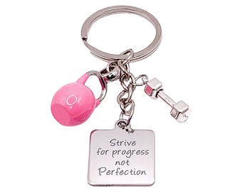 Cute Gym Keychain, Strive for Progress Not Perfection, Fitness Quote, Kettlebell Charm, Motivational Keyring, Coach Gifts, Personal Trainer