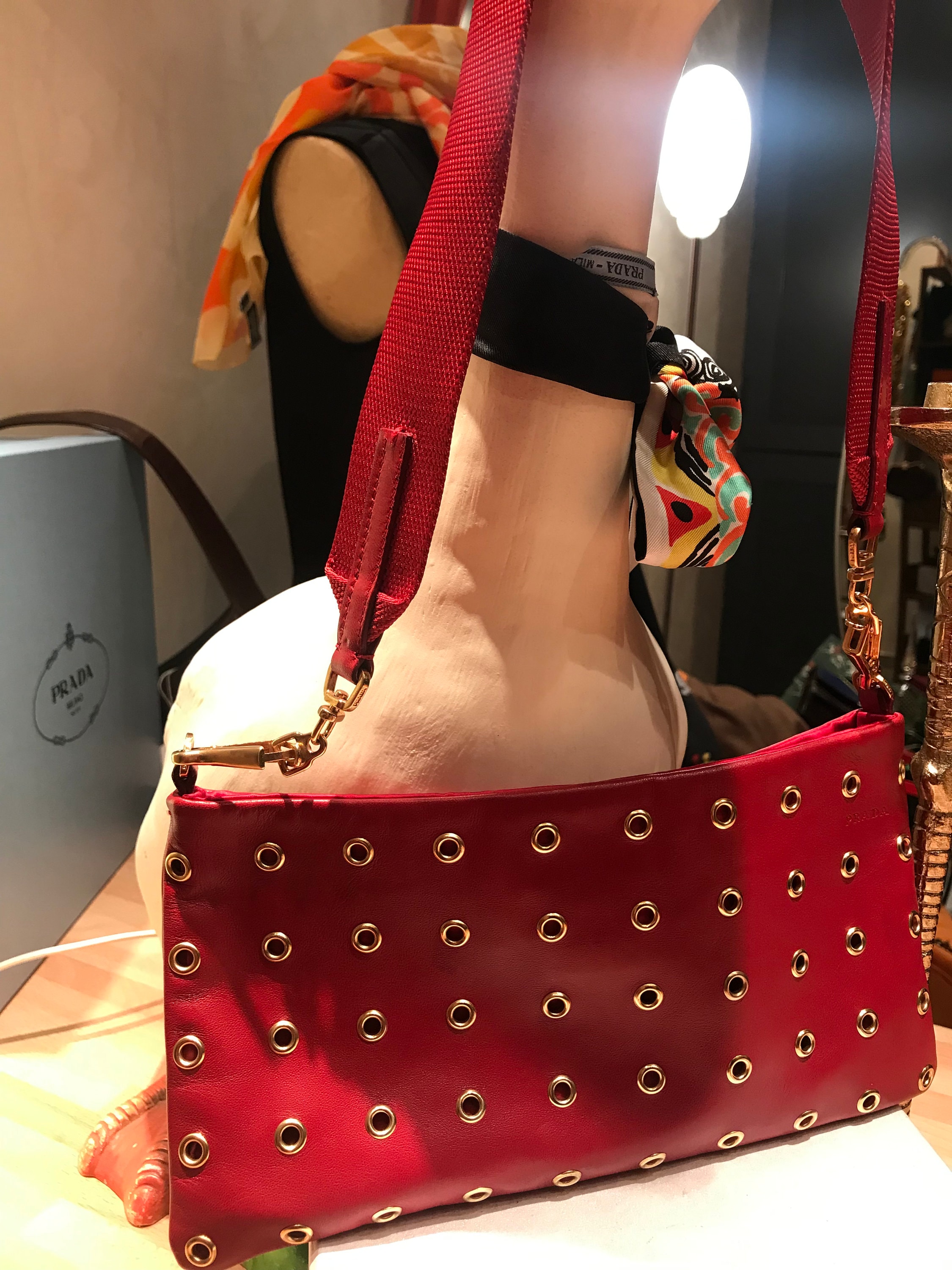 Prada red store leather bag