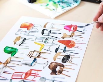 Chaises design / designer chairs digital watercolor print