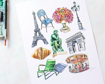 I love Paris! A watercolor print of Paris favorites for any francophile