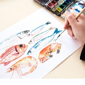 Friendly fish: a watercolor food digital print for any kitchen wall