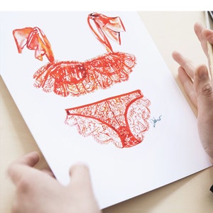 French lingerie fashion illustration watercolor digital print