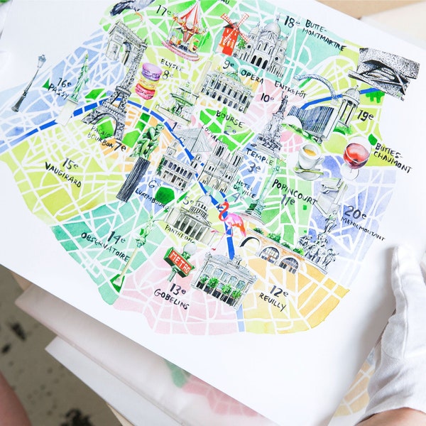 Paris je t'aime! Watercolor map of Paris / limited edition "Paris in Stride" artist print, series of 10