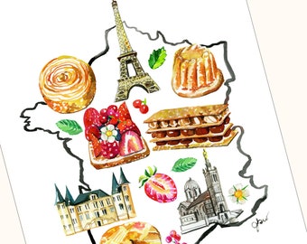 Foodie Map of France / A Digital Watercolor Print for the Francophile / Whimsical Travel Illustration / French Pastry and Gastronomy