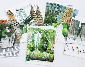 New York in Stride watercolor postcards: High Line, Manhattan Bridge, Gramercy Park