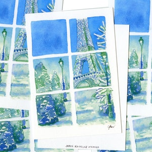 Holiday cards / "Paris in the snow" charming watercolor illustration of the Eiffel Tower, set of 10