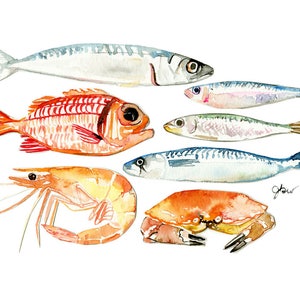 Friendly fish: a watercolor food digital print for any kitchen wall image 2