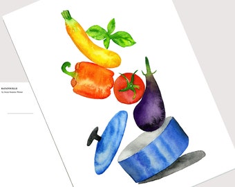 Impression numérique d'illustrations de nourriture à l'aquarelle Ratatouille / Cadeau de cuisine française pour francophiles