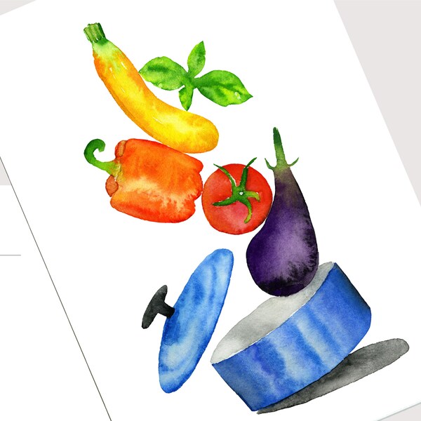 Impression numérique d'illustrations de nourriture à l'aquarelle Ratatouille / Cadeau de cuisine française pour francophiles