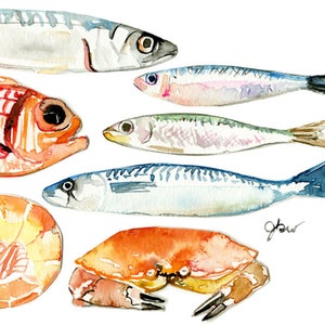Friendly fish: a watercolor food digital print for any kitchen wall image 4