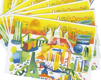 Watercolor Paris Map Postcards / Contemporary Stationary / Gift for Francophiles