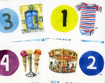 Set of 12 Paris Baby Month Milestone Cards / Watercolor Illustration