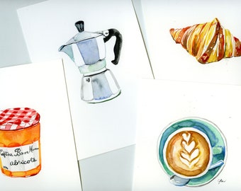 French breakfast, set of 4 beautiful watercolor paintings / petit dejeuner en aquarelle