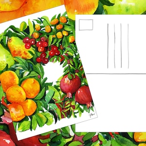 Feestelijk feest! Een set van 10 aquarel kerstkaarten geïnspireerd op de kersttafel, inclusief clementines, granaatappels en kumquats