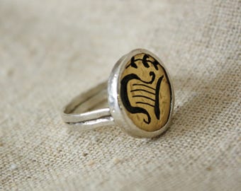 Ancient Looking Gold Ring, Silver And Gold Signet Ring, Gold Harp Ring, Solid 14K Gold Ring, Sterling Silver And 14K Gold, Olive Tree Sprig