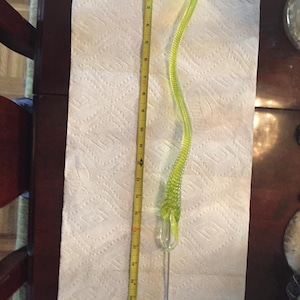 May include: A bright green glass floral stem with a curled top. The stem is about 18 inches long and is made of textured glass. The stem is on a white surface with a ruler next to it.