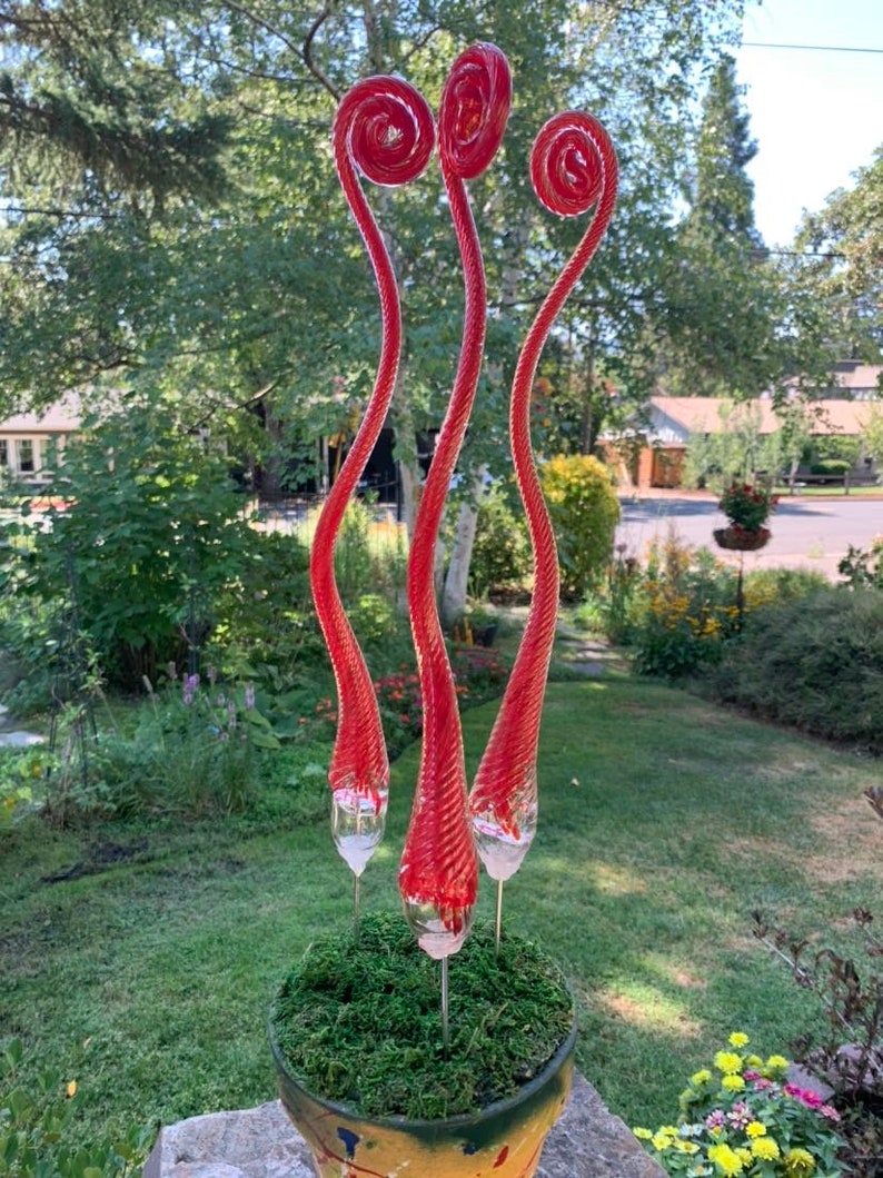 May include: Three red glass sculptures with spiral tops are arranged in a pot with green moss. The sculptures are tall and slender, resembling stylized flowers.