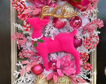 Reindeer Swag, Reindeer Wreath, Flocked Christmas Swag, Flocked Christmas Wreath, Xmas Swag, Xmas Wreath, Christmas Home Decor , Reindeer