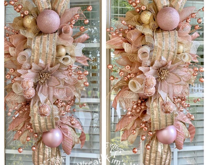 Double Door Christmas Wreaths, Double Door Christmas Swags, Rose Gold