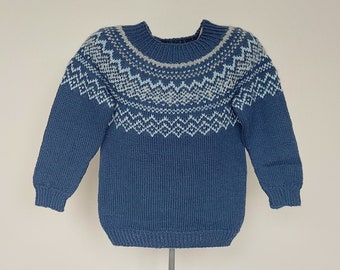 Icelandic unisex kids sweater fair isle knit wool pullover blue, Size 3-4 years