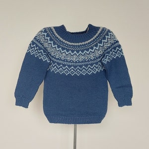 Icelandic unisex kids sweater fair isle knit wool pullover blue, Size 3-4 years