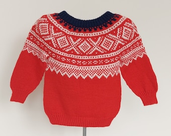 Unisex toddler kids Icelandic vintage fair isle knit sweater pullover red, Size 2 years kids