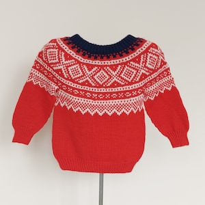 Unisex toddler kids Icelandic vintage fair isle knit sweater pullover red, Size 2 years kids