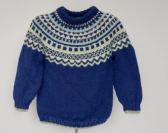 Fair isle wool sweater blue kids unisex toddler Icelandic vintage pullover, Size 2-4 years kids