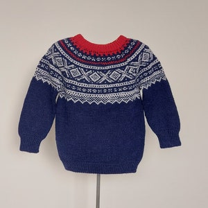 Unisex fair isle Nordic wool traditional sweater kids boys girls red navy blue vintage pullover, Size about 4 years kids